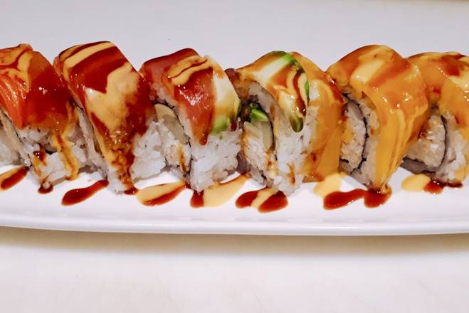 Rainbow Roll with tuna, salmon, ebi, mango, and avocado